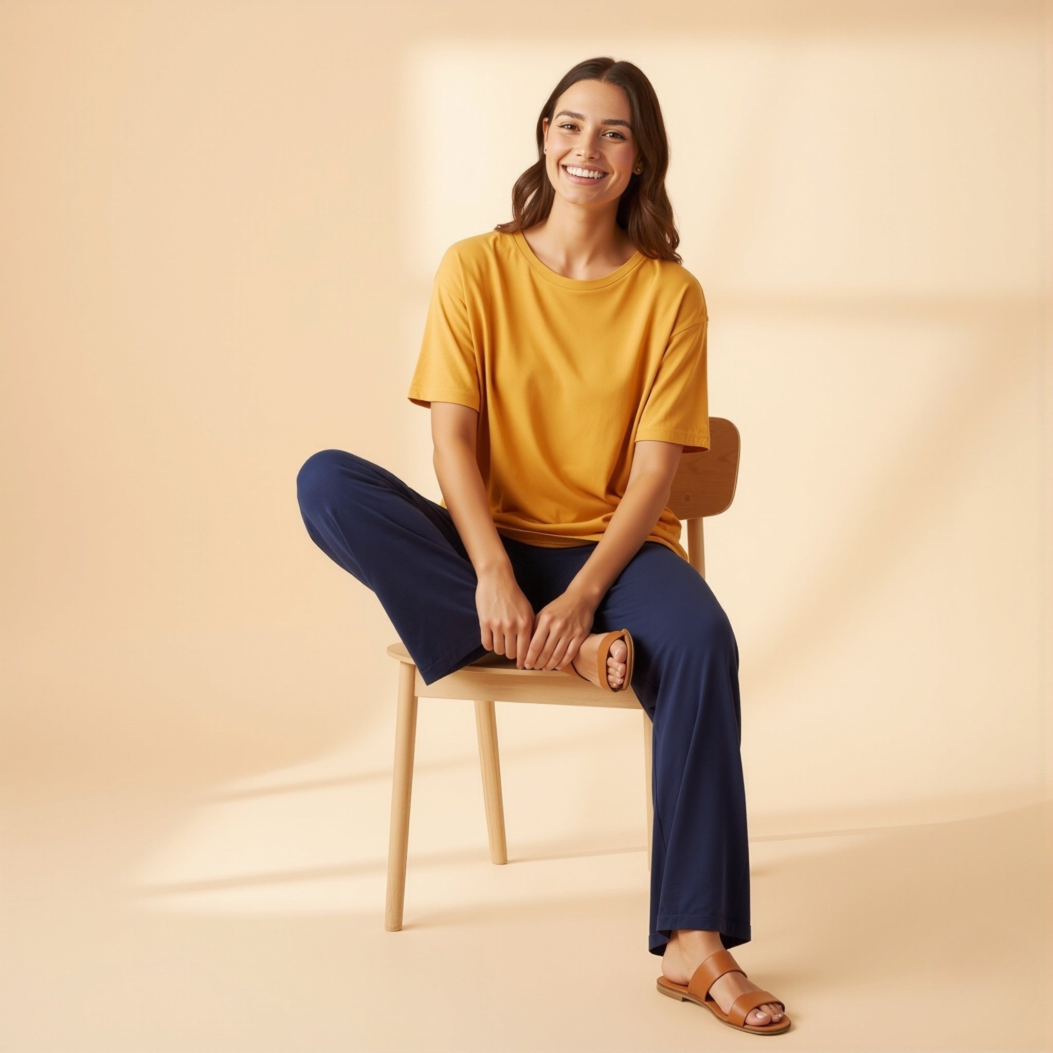Woman sitting on a chair wearing a moleculuxe amber glow yellow top and blue pants against a beige background