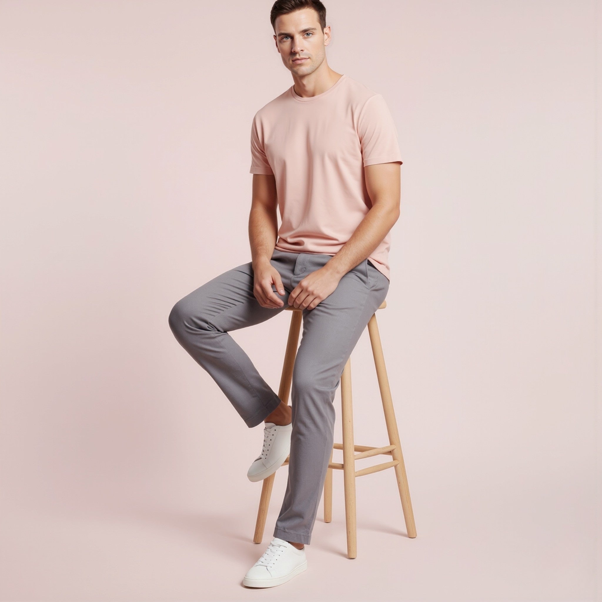 Man sitting on a wooden stool wearing a moleculuxe Blush Whisper pink t-shirt and gray pants against a light pink background