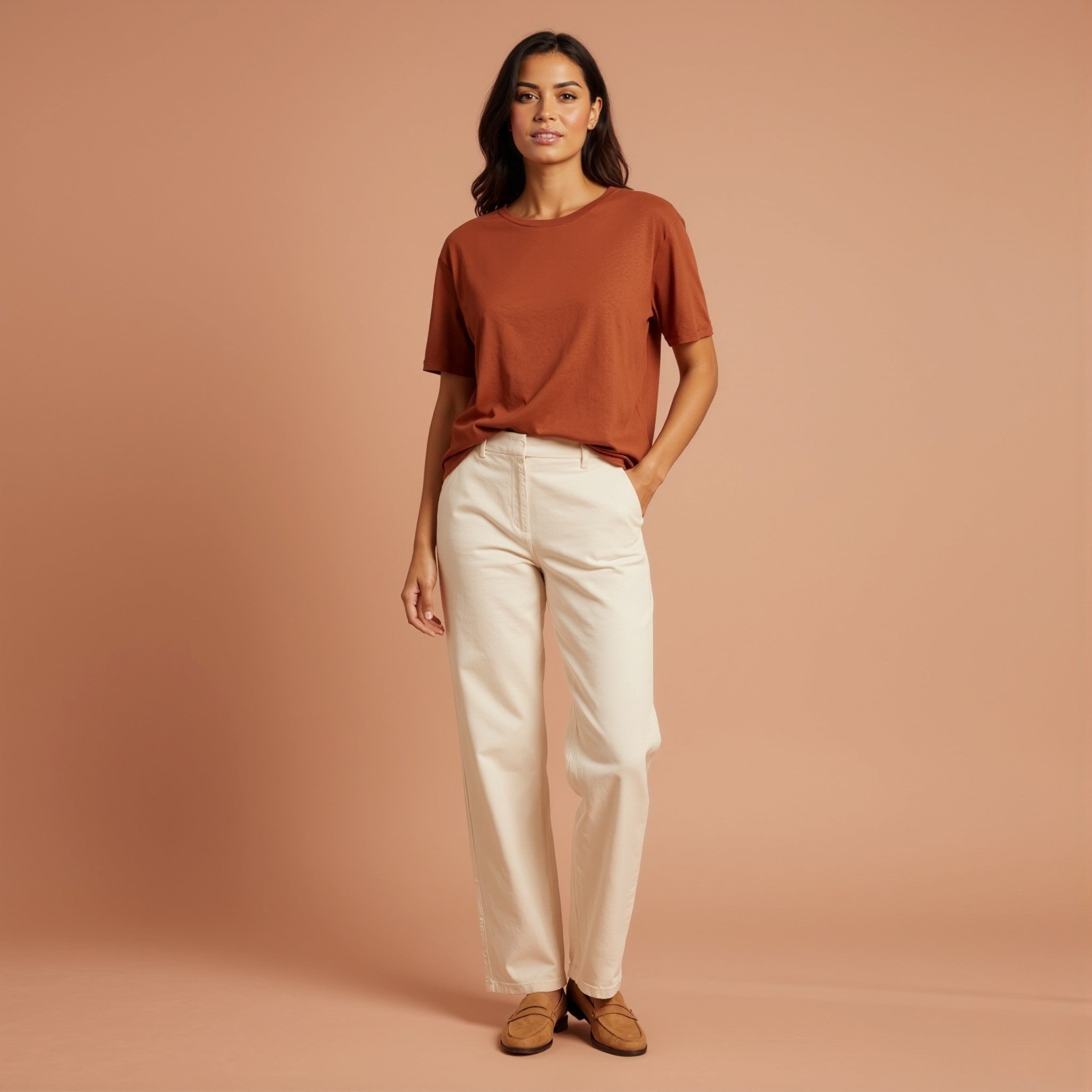 Woman wearing a moleculuxe burnished copper rust-colored shirt and white pants against a beige background