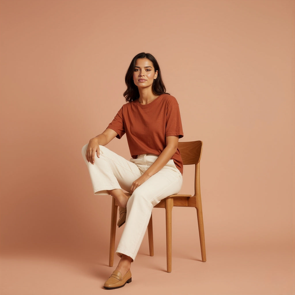 Woman sitting on a wooden chair wearing a moleculuxe burnished copper tshirt against a beige background