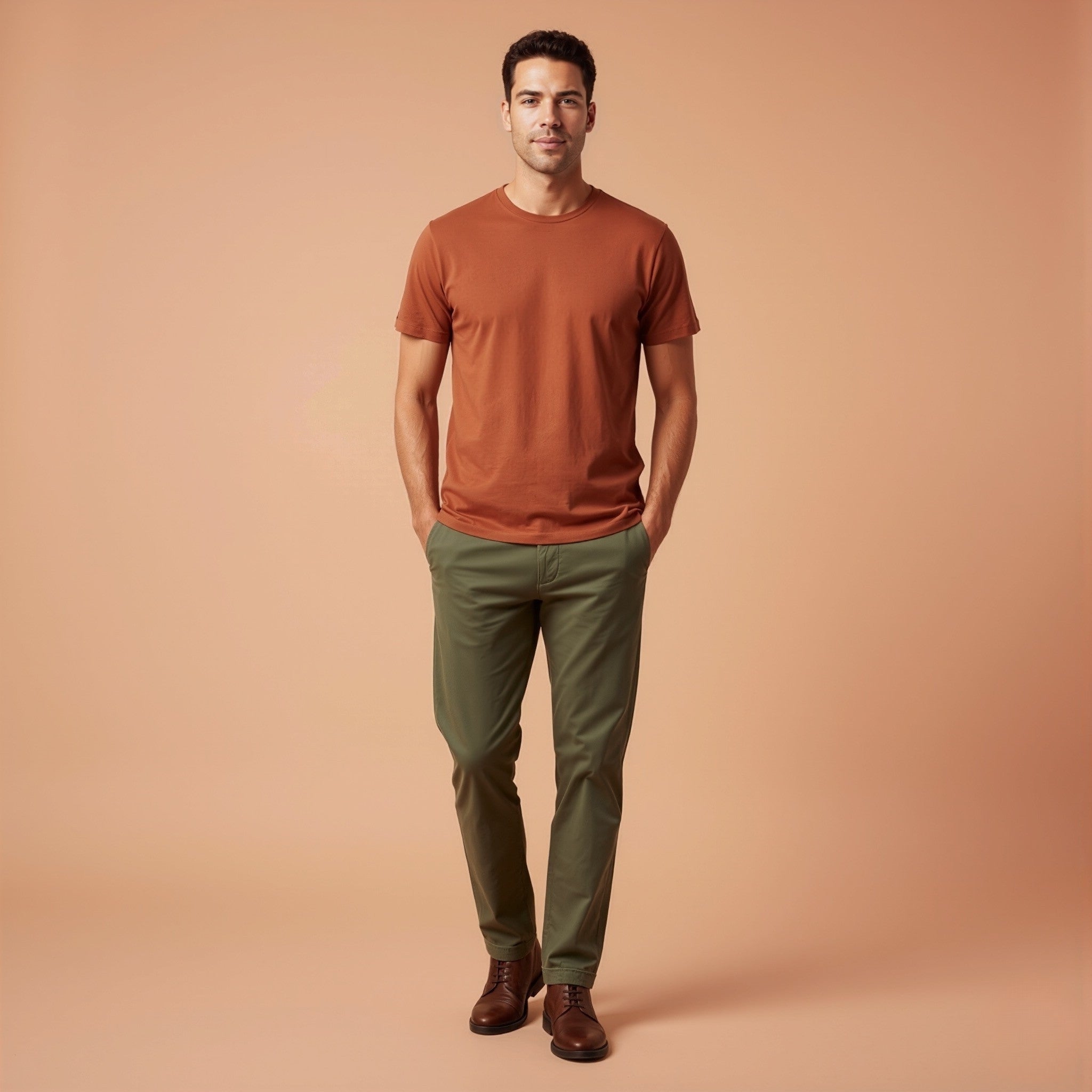 Man wearing a moleculuxe burnished copper rust-colored t-shirt and green pants on a beige background