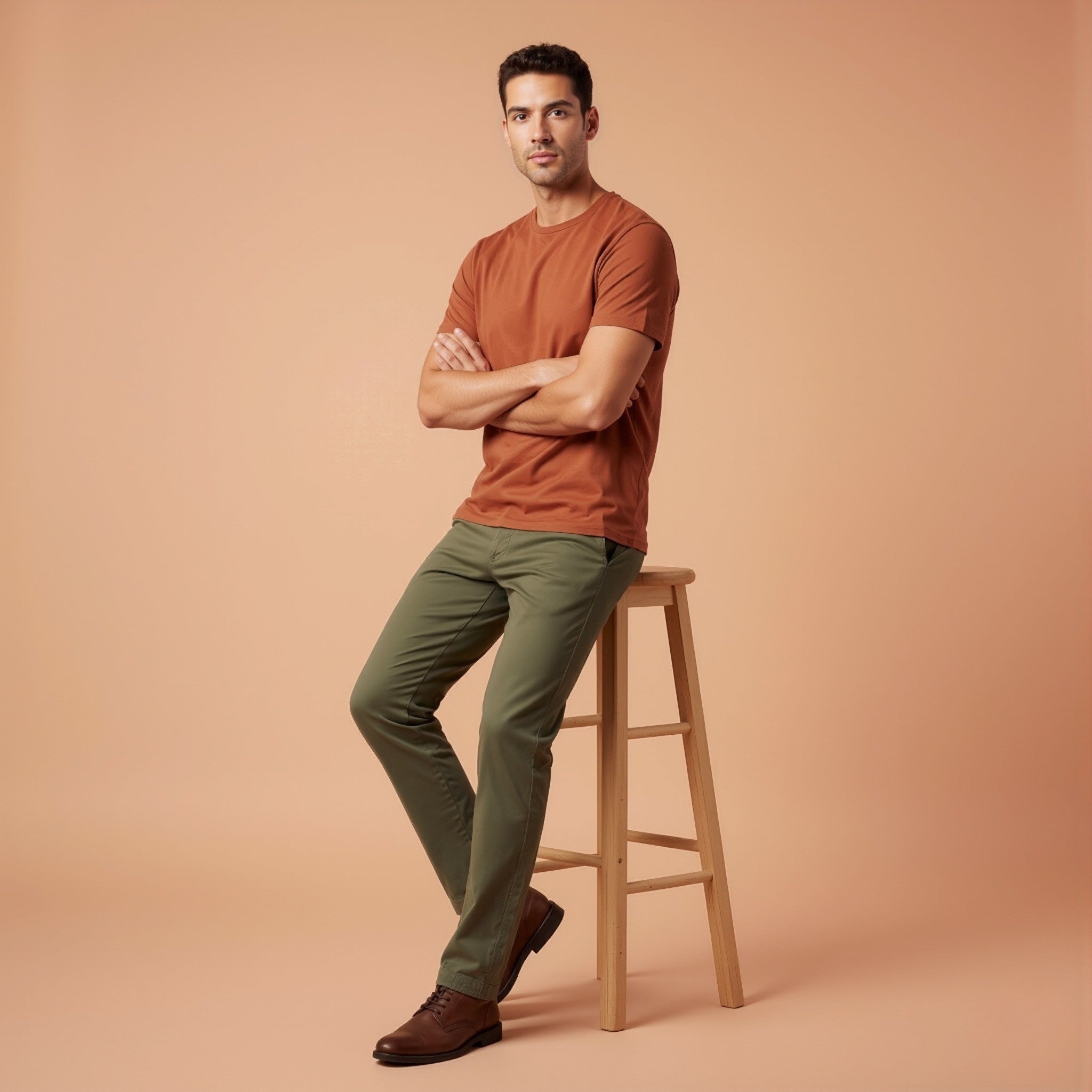 Man wearing a moleculuxe burnished copper rust-colored shirt and green pants standing on a wooden stool against a beige background