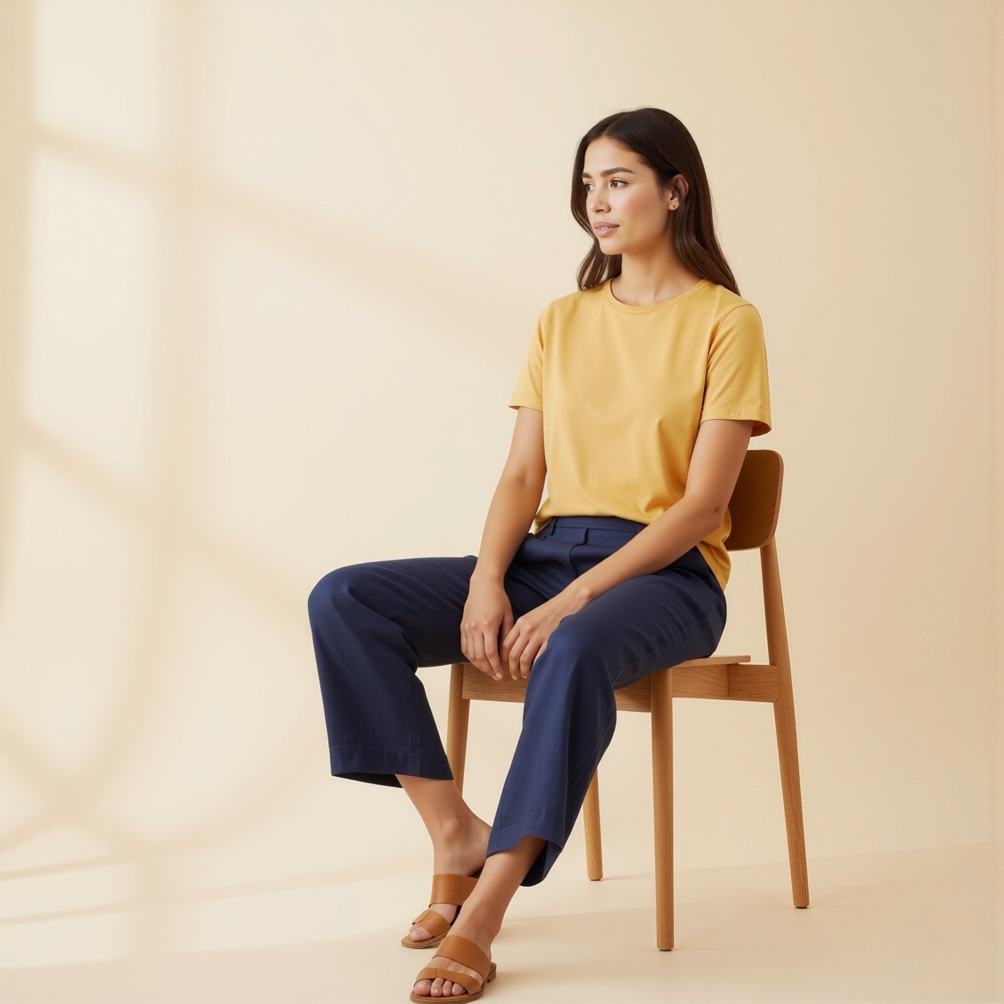 Woman sitting on a chair wearing a moleculuxe Champagne Sand yellow top and blue pants against a beige background