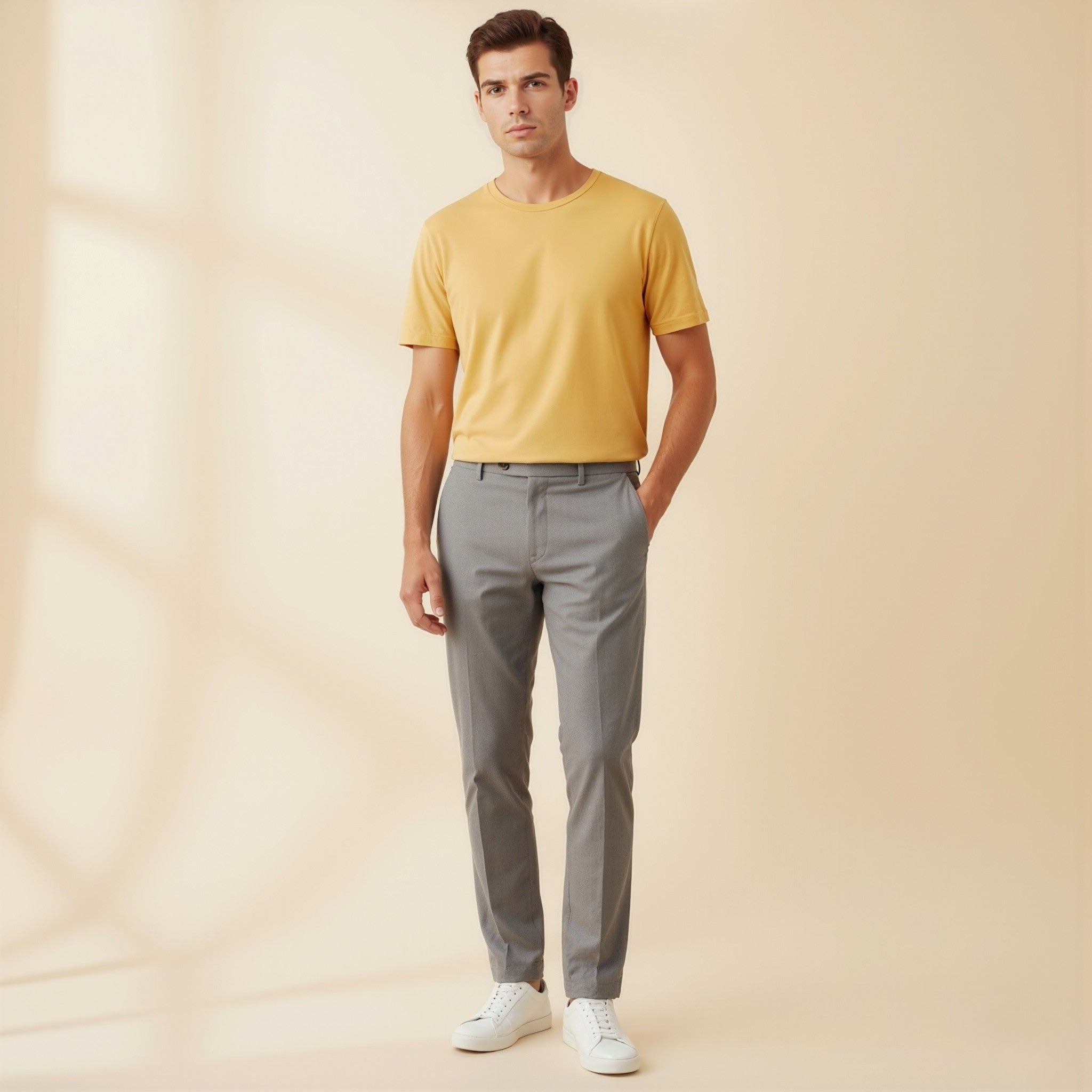 Man wearing a moleculuxe Champagne Sand yellow t-shirt and gray pants on a beige background