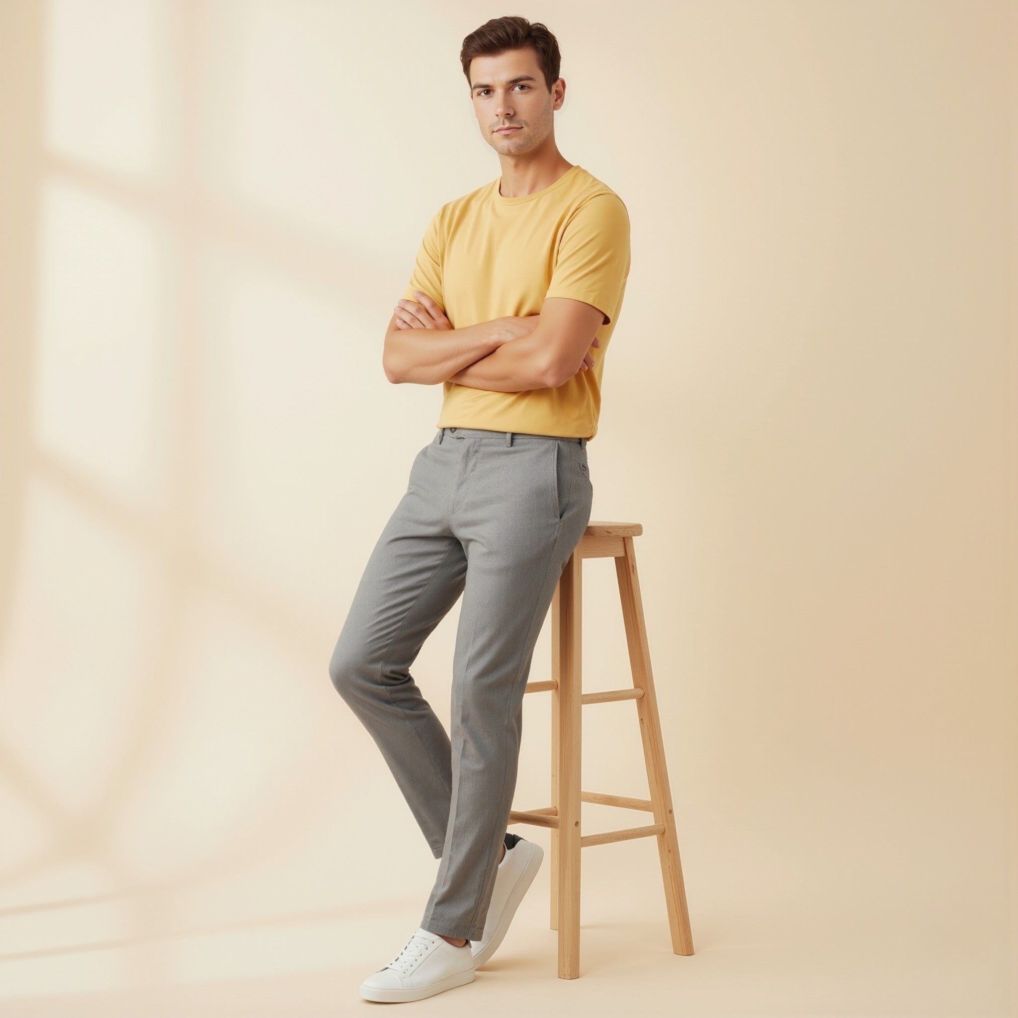 Man wearing a moleculuxe Champagne Sand yellow shirt and gray pants standing next to a wooden stool on a beige background