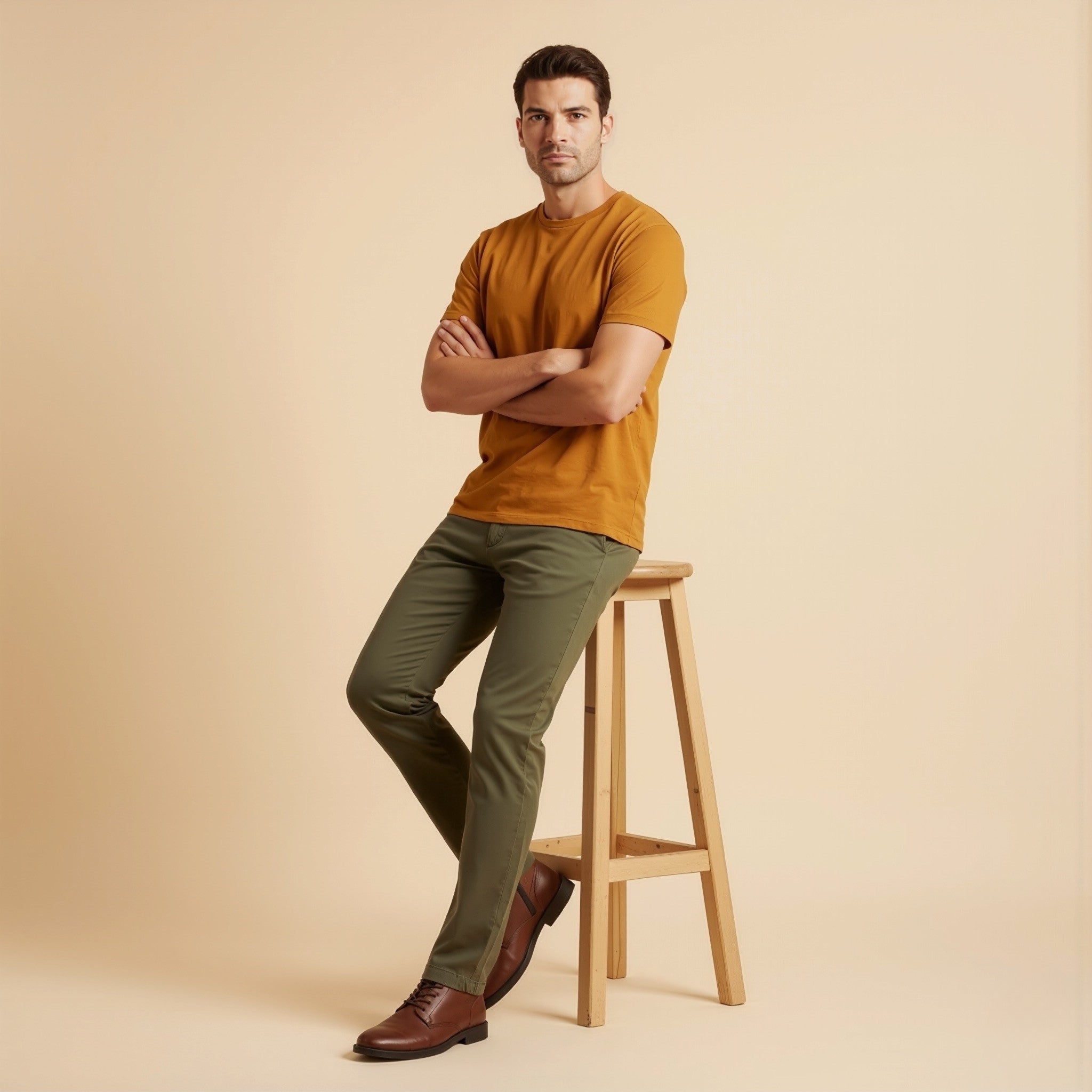 Man wearing a moleculuxe dijon charm mustard yellow shirt and green pants standing next to a wooden stool on a beige background