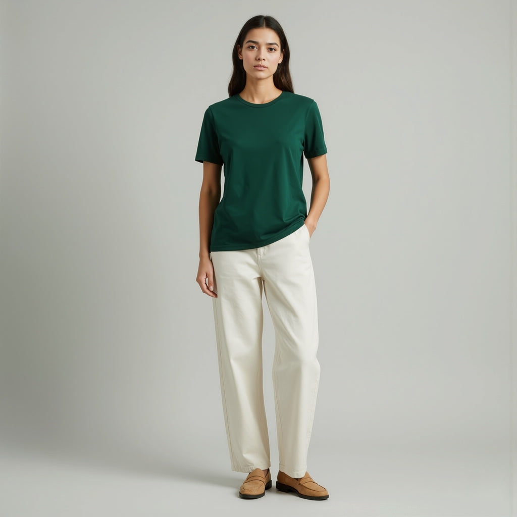 Woman wearing a moleculuxe emerald forest green t-shirt and white pants on a gray background