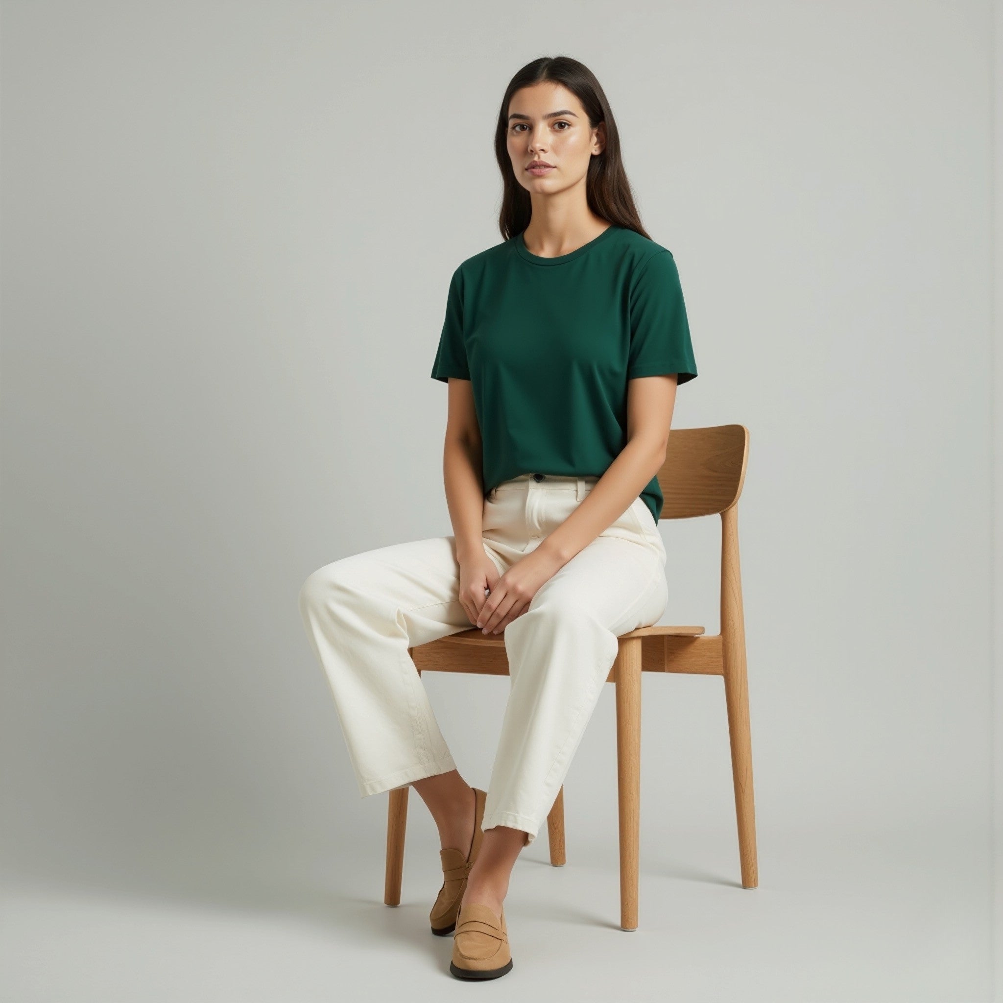 Woman sitting on a wooden chair wearing a moleculuxe emerald forest green shirt and white pants against a plain background
