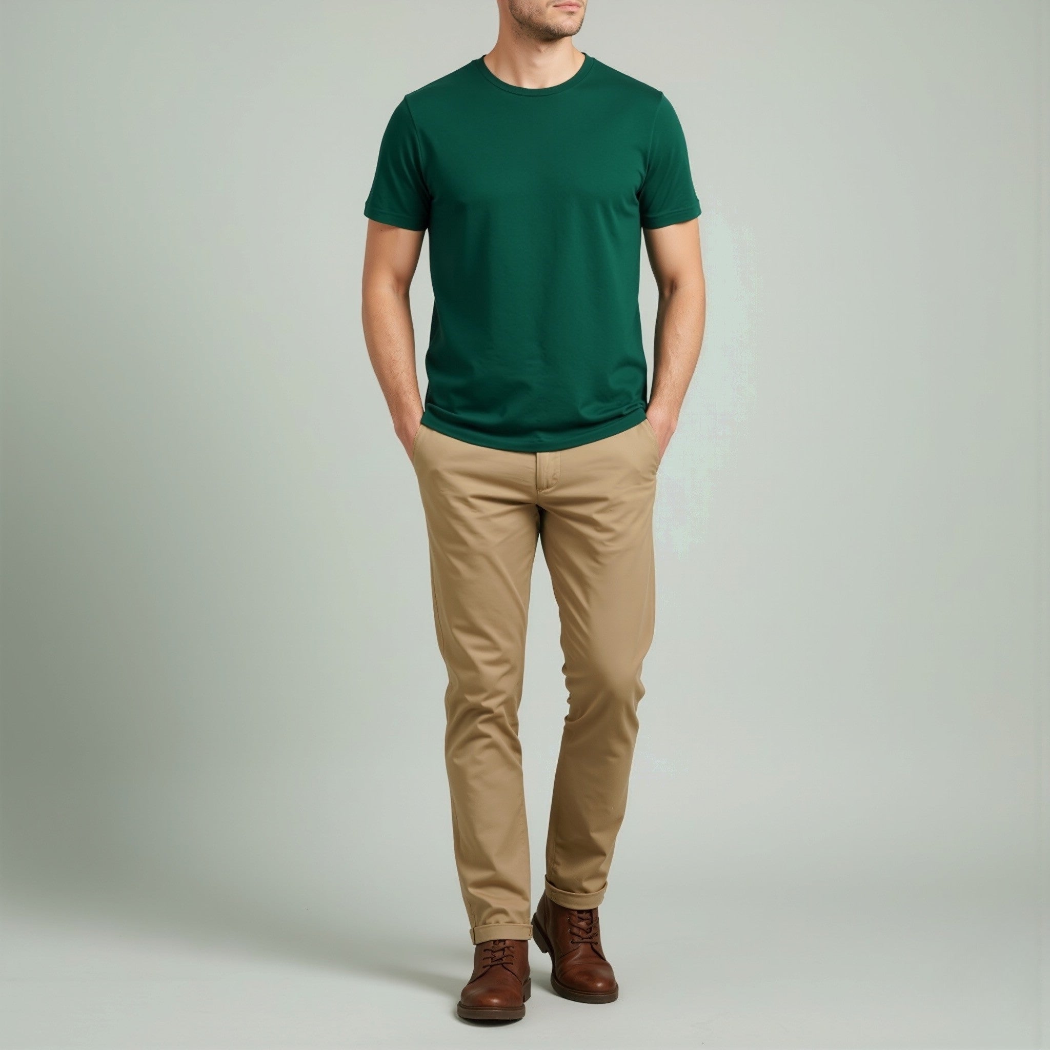 Man wearing a moleculuxe emerald forest green t-shirt and beige pants on a plain background