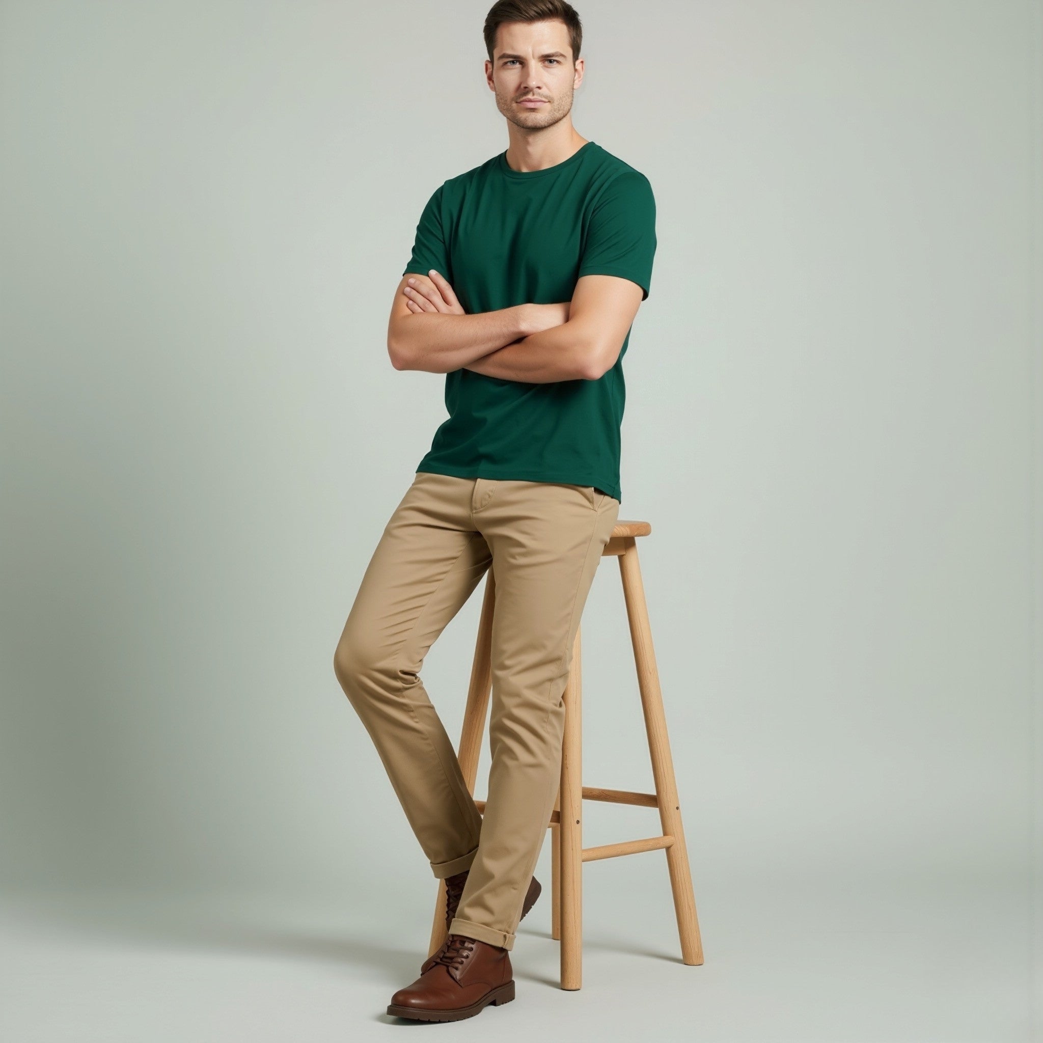 Man wearing a moleculuxe emerald forest green shirt and beige pants standing on a stool against a plain background