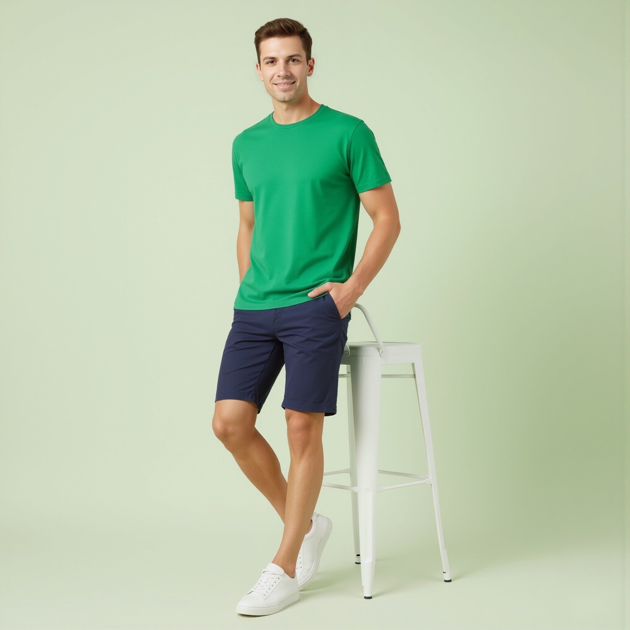 Man wearing a moleculuxe Vibrant Meadow green t-shirt and navy shorts standing on a light green background