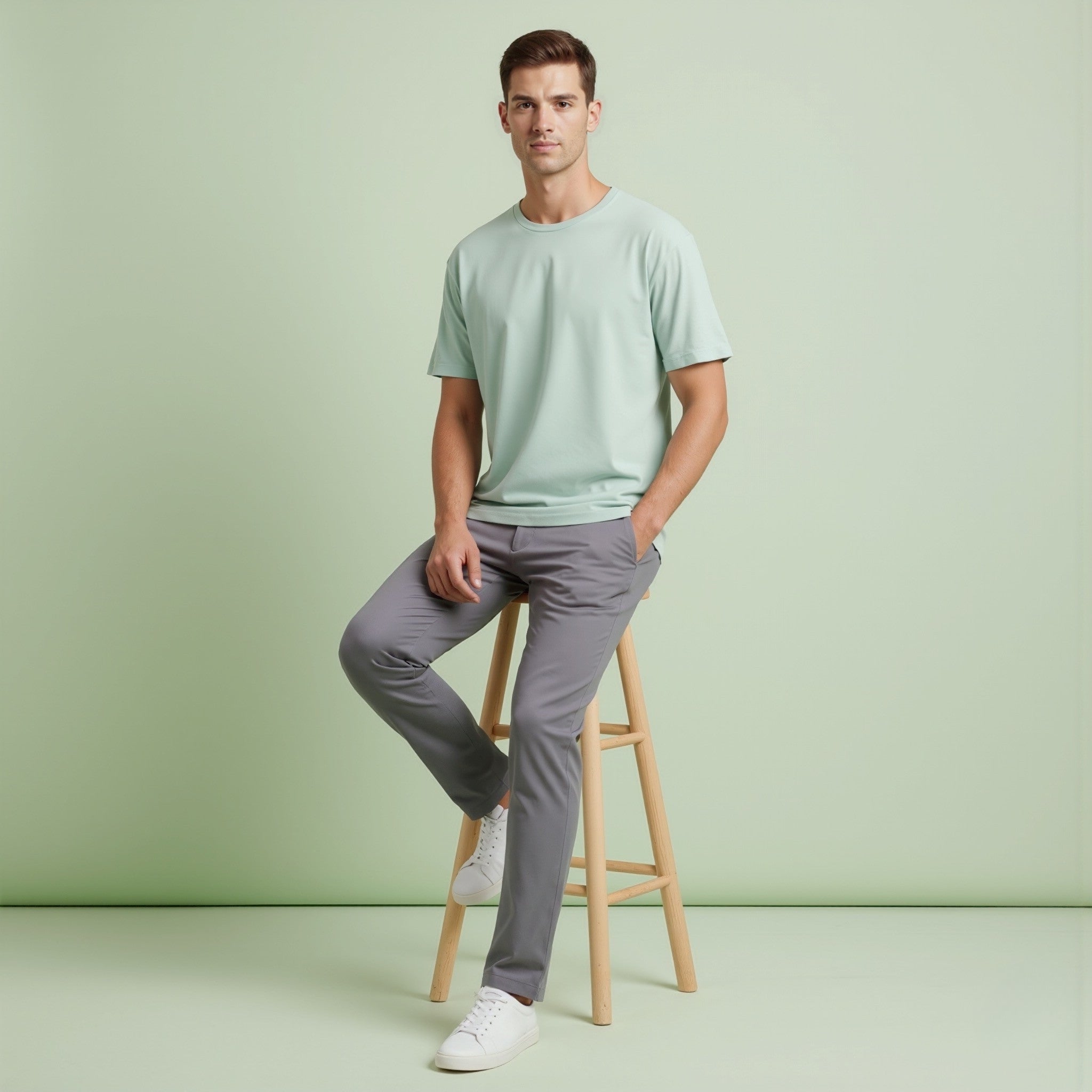 Man wearing a moleculuxe Jade Mist light green t-shirt and gray pants sitting on a wooden stool against a light green background