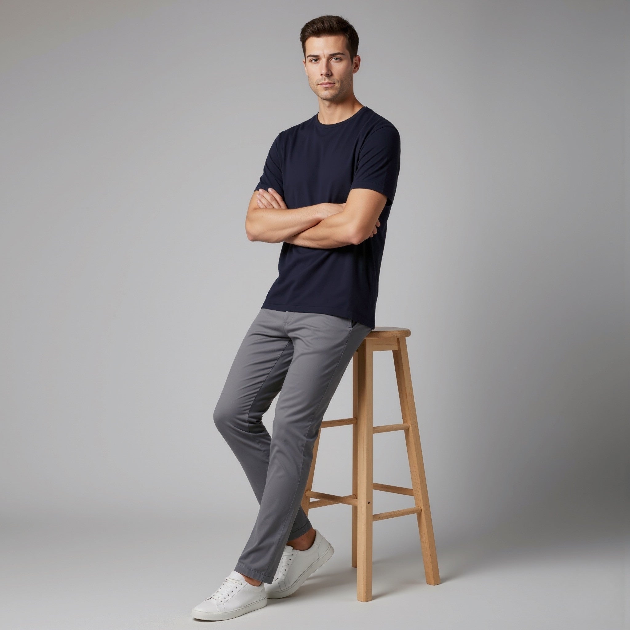 Man standing with arms crossed on a wooden stool wearing a moleculuxe Midnight Ocean tshirt against a gray background