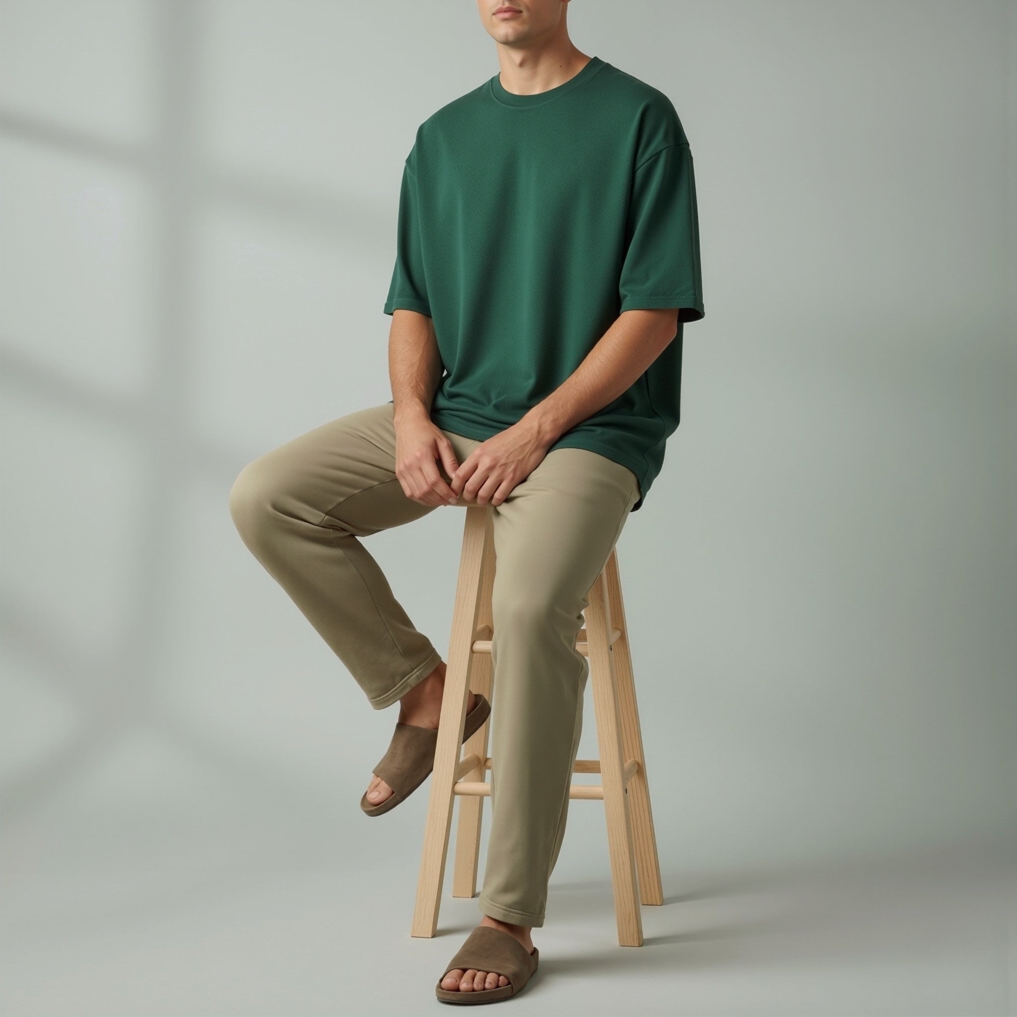 Man sitting on a wooden stool wearing a moleculuxe Emerald Forest green t-shirt and beige pants against a plain background