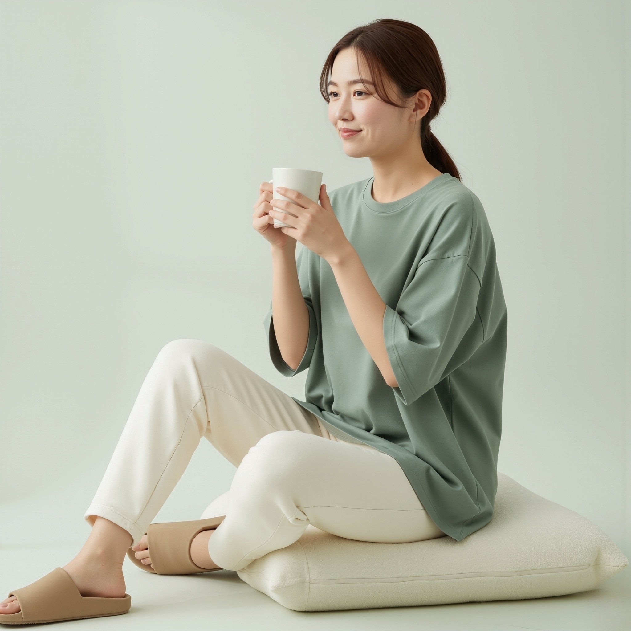 Woman sitting on a cushion wearing a moleculuxe Jade Mist terry tshirt and holding a cup against a plain background