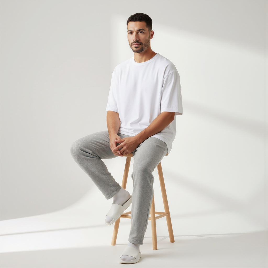 Man sitting on a stool wearing a moleculuxe pristine white t-shirt and gray pants against a plain background