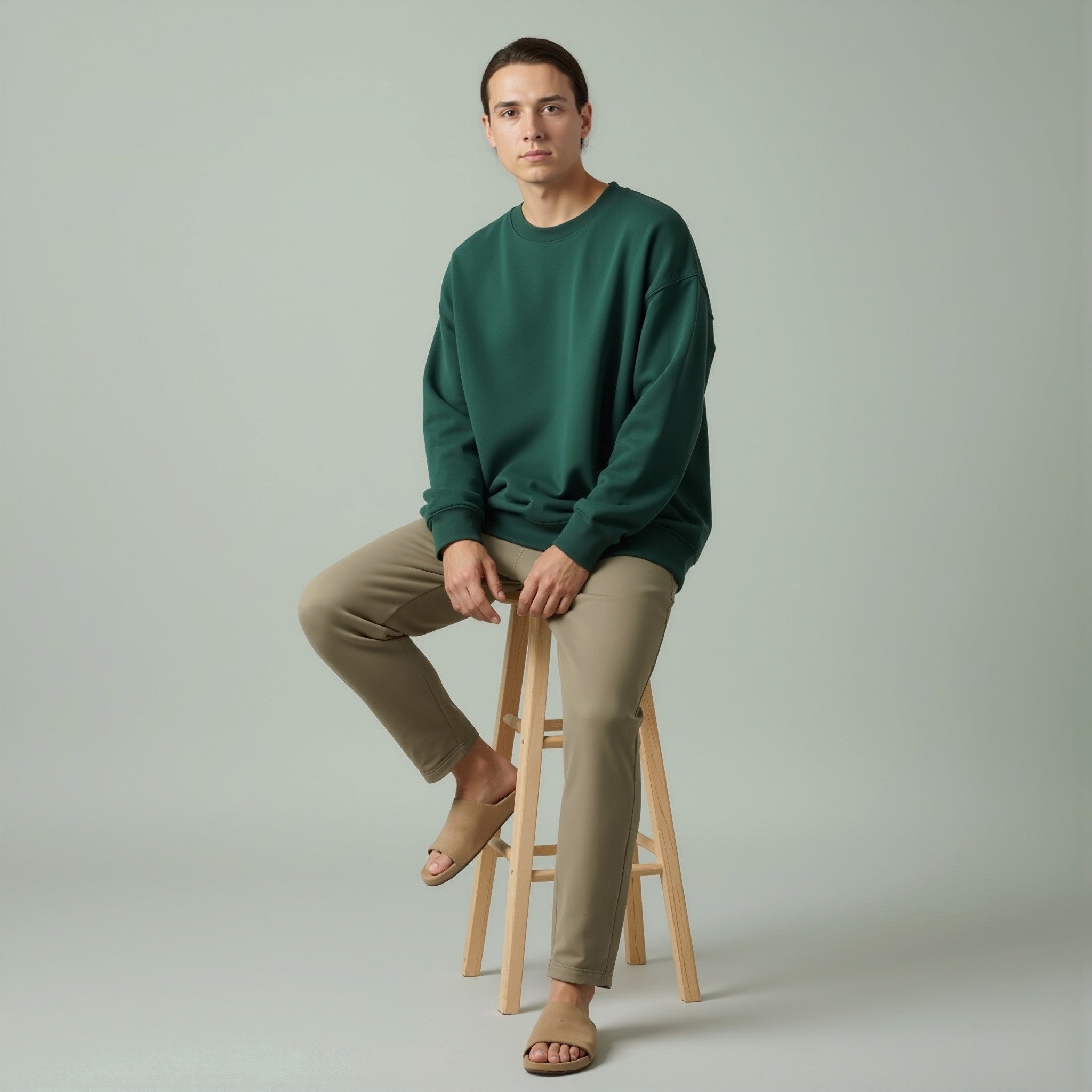 Man sitting on a wooden stool wearing a moleculuxe Emerald Forest green sweater and beige pants against a plain background