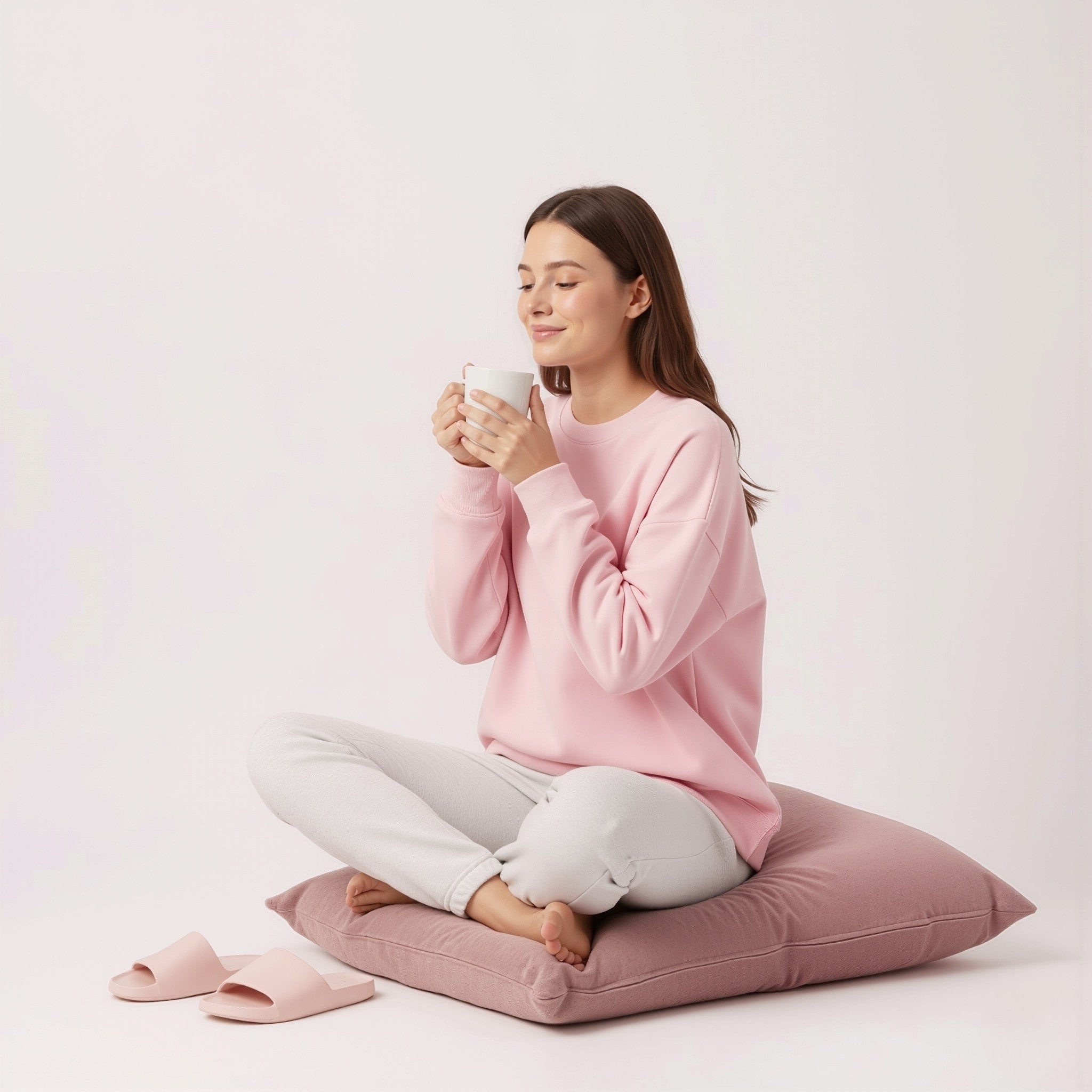 Woman in moleculuxe Blush Whisper pink sweatshirt and white pants sitting on a pink cushion holding a mug.