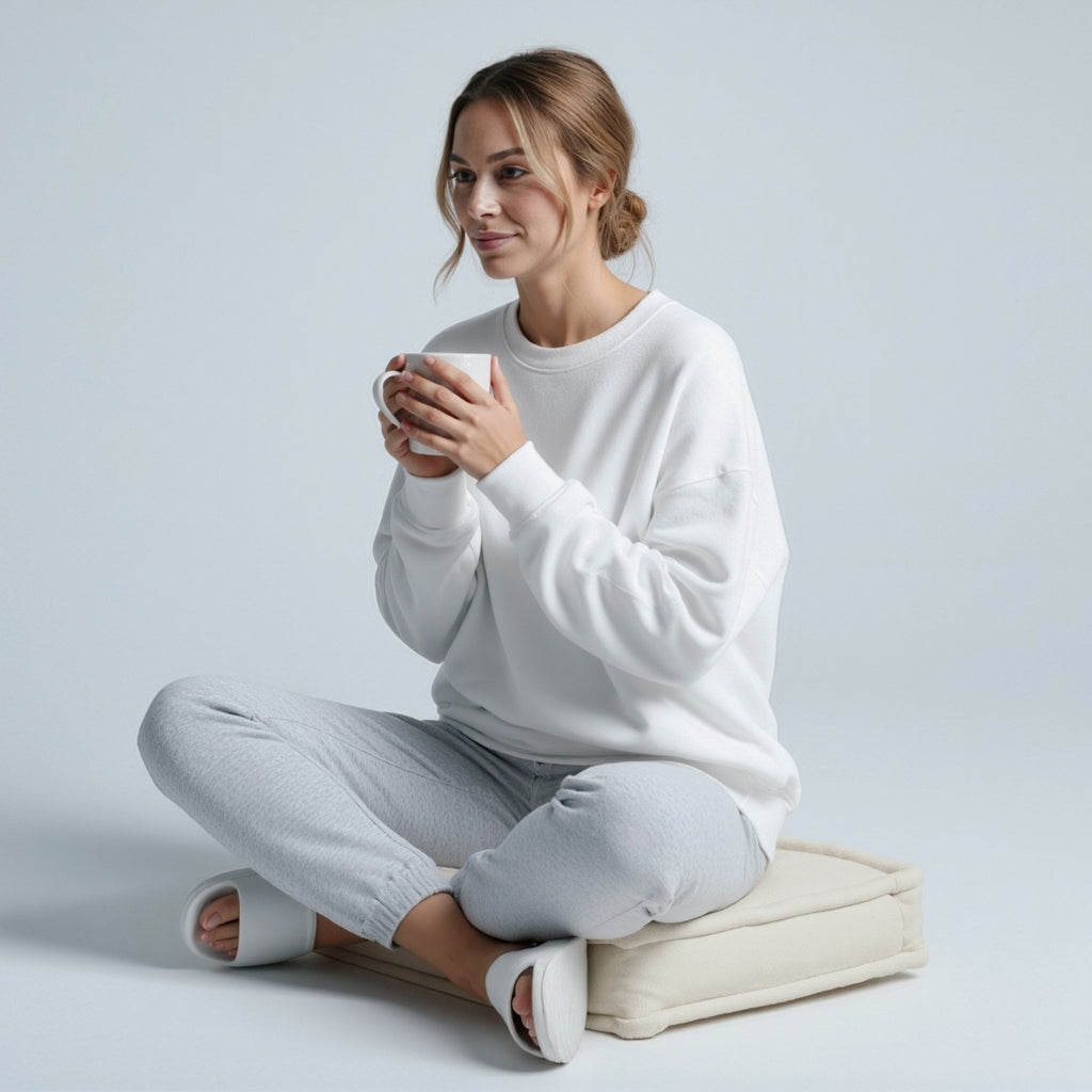 Woman sitting on a cushion wearing a moleculuxe pristine white sweatshirt and holding a mug against a light gray background
