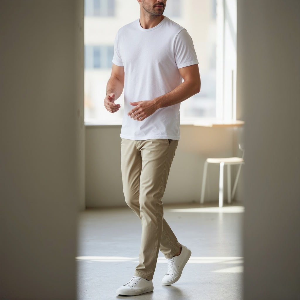 Man wearing a moleculuxe pristine white t-shirt, beige pants, and white sneakers in a minimalistic room.
