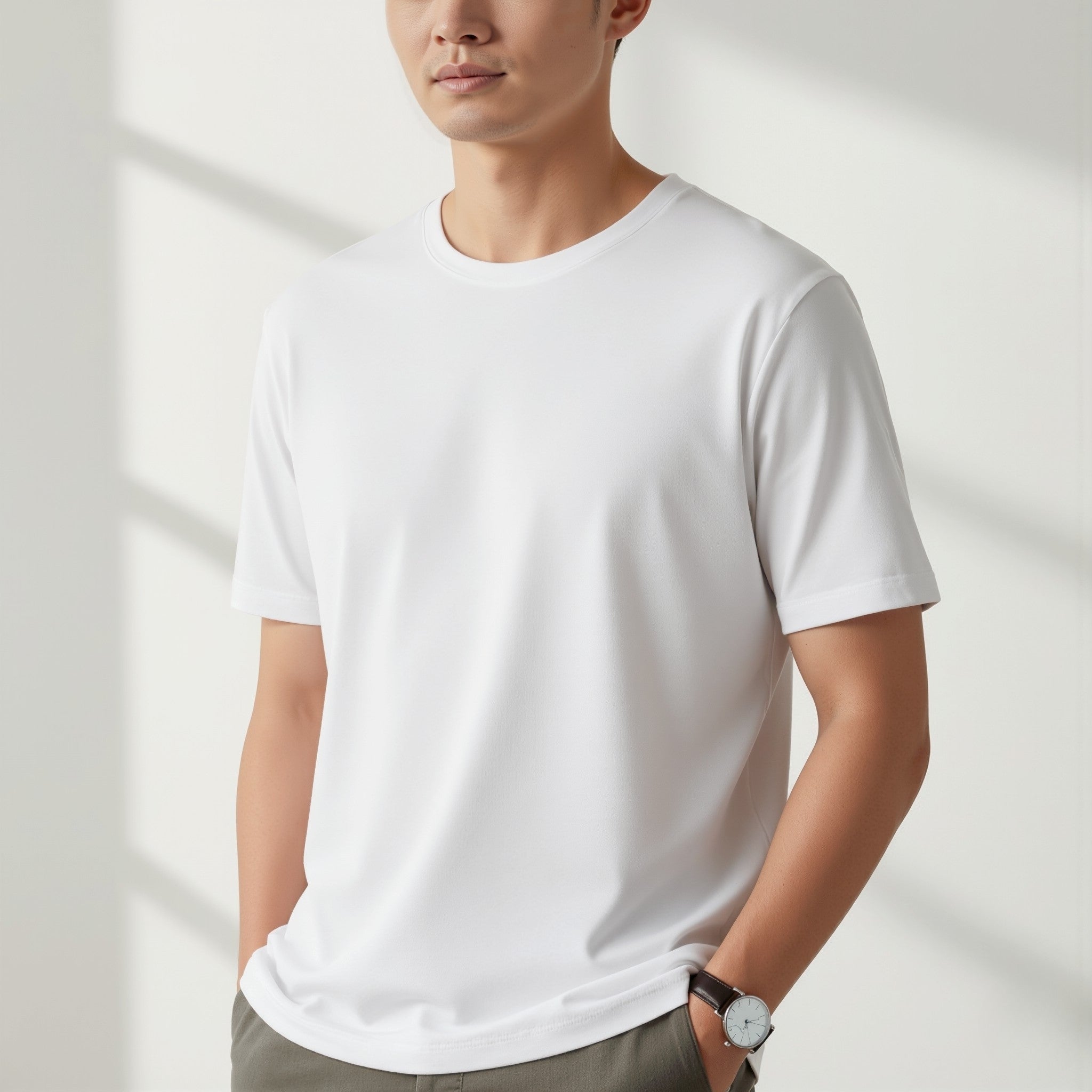 Person wearing a moleculuxe plain pristine white t-shirt against a neutral background