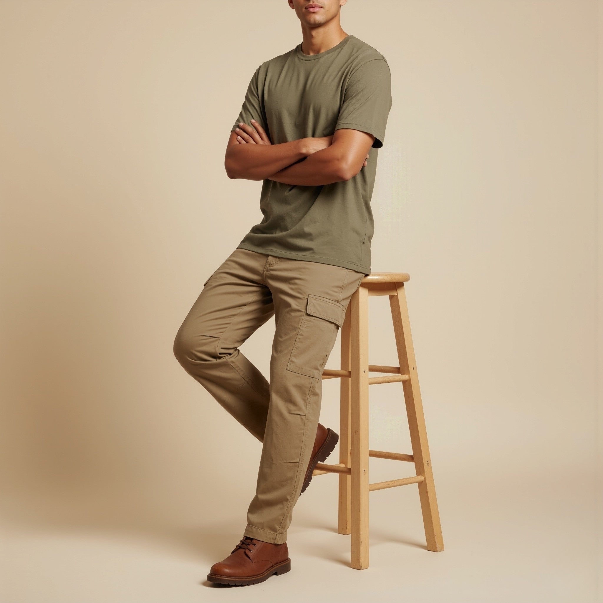 Man wearing an moleculuxe Sage Terrain olive green t-shirt and pants standing on a wooden stool against a beige background