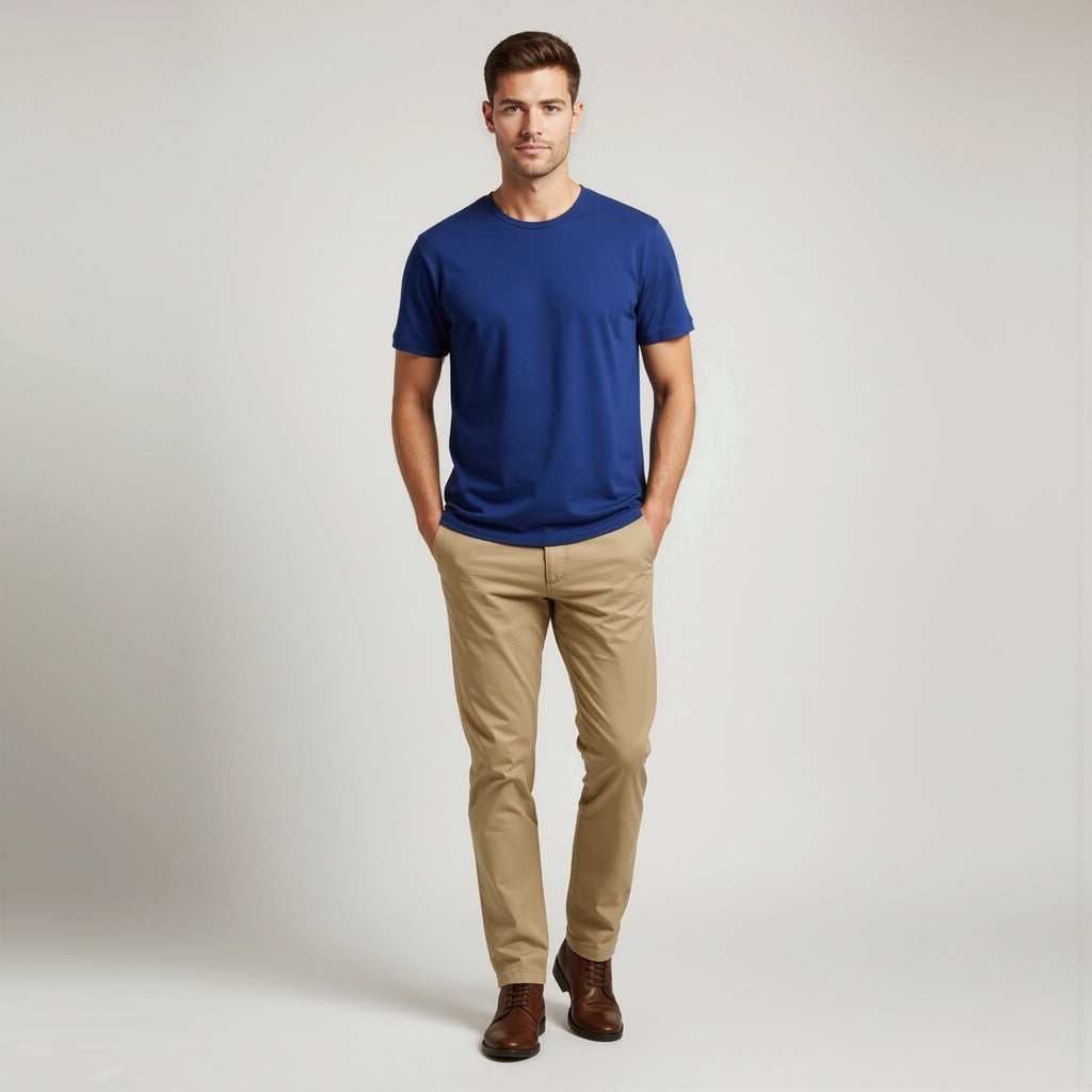 Man wearing a moleculuxe Sapphire Majesty blue t-shirt and beige pants on a plain background