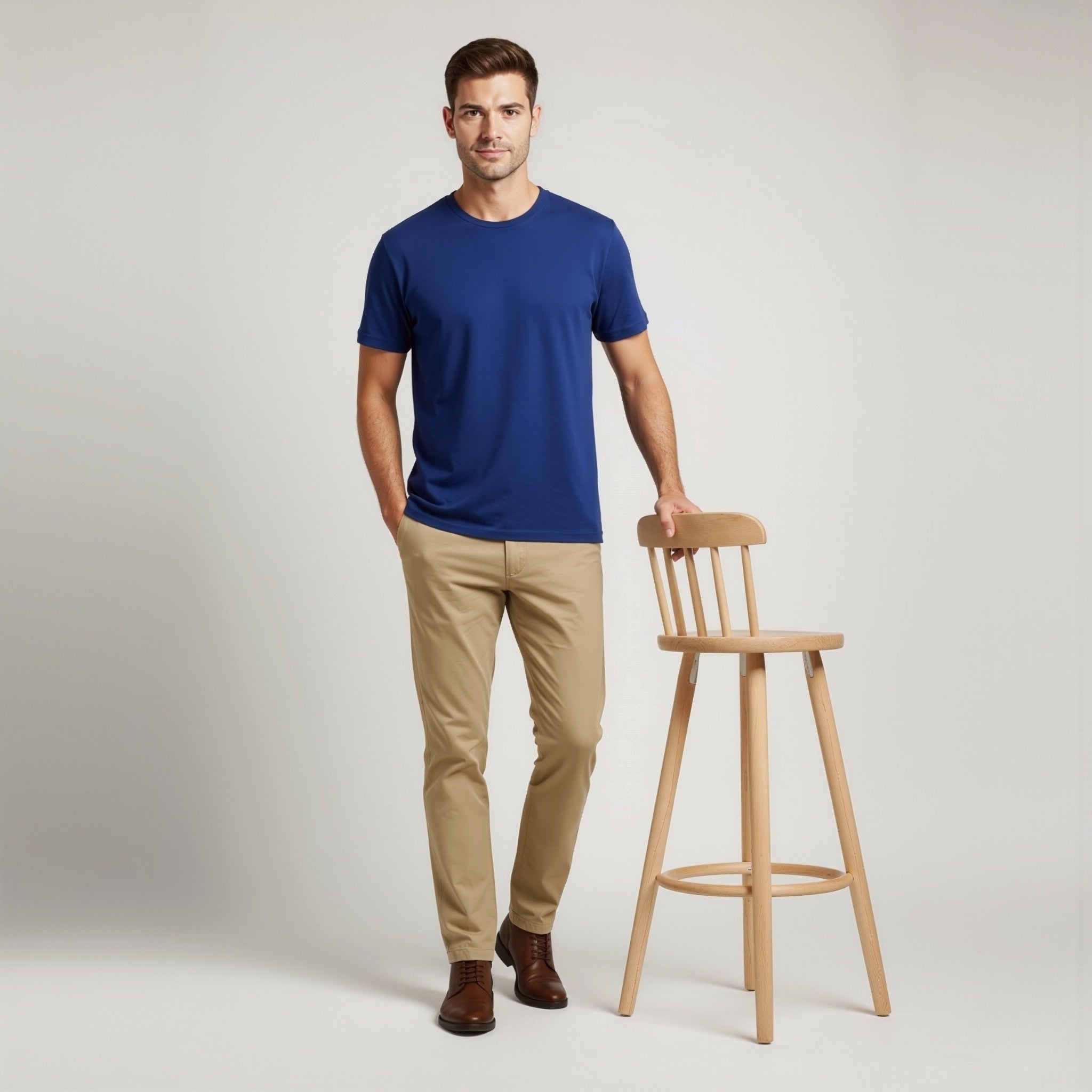 Man wearing a moleculuxe Sapphire Majesty blue shirt and beige pants standing next to a wooden bar stool on a plain background