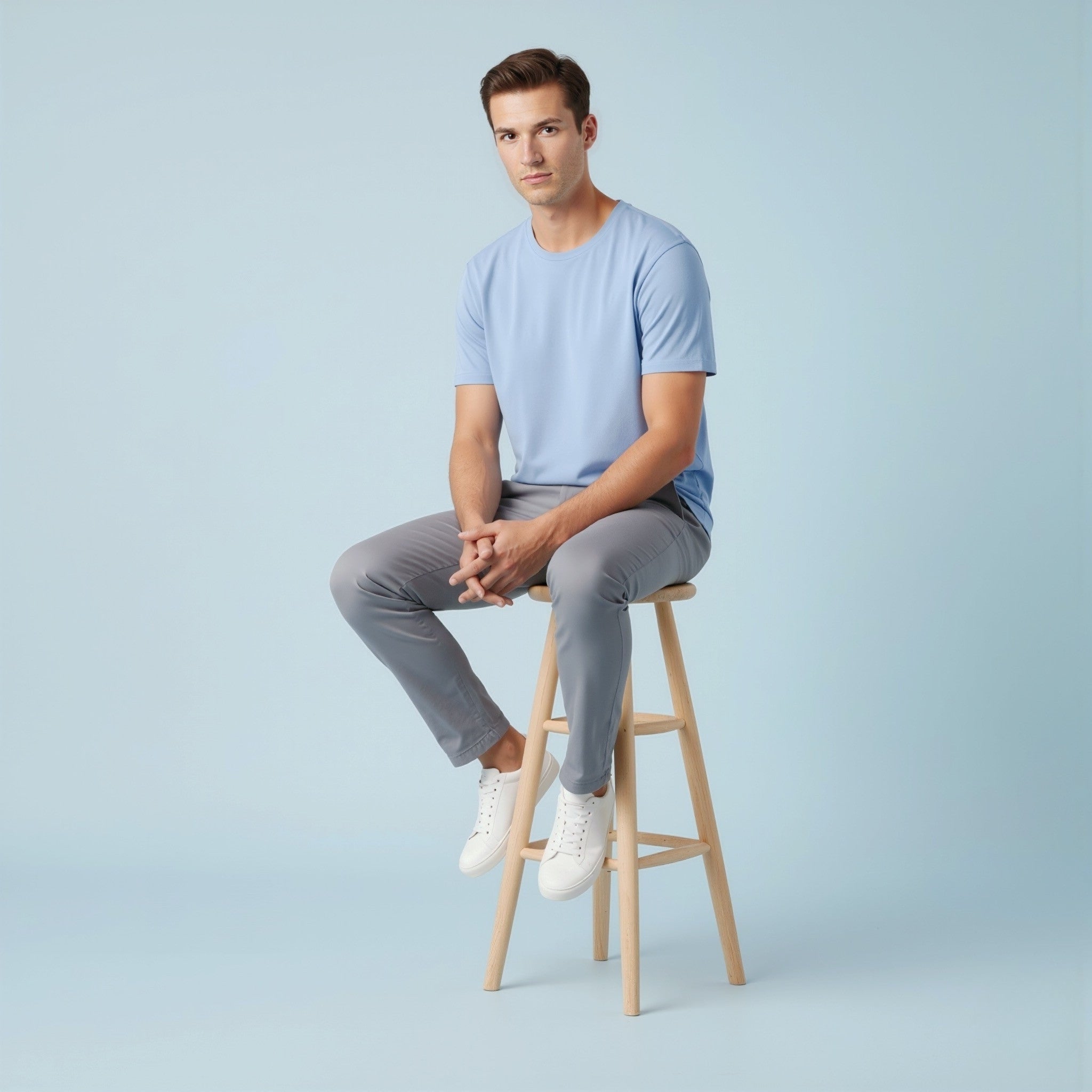 Man sitting on a wooden stool wearing a moleculuxe Serene Skies light blue t-shirt and gray pants against a light blue background