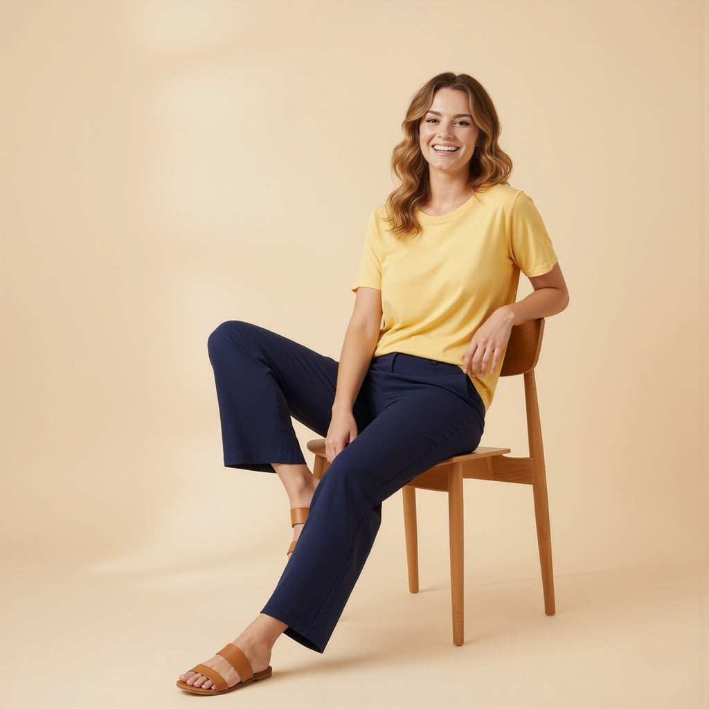 Woman sitting on a chair wearing a moleculuxe soft sunflower yellow shirt and navy pants against a beige background