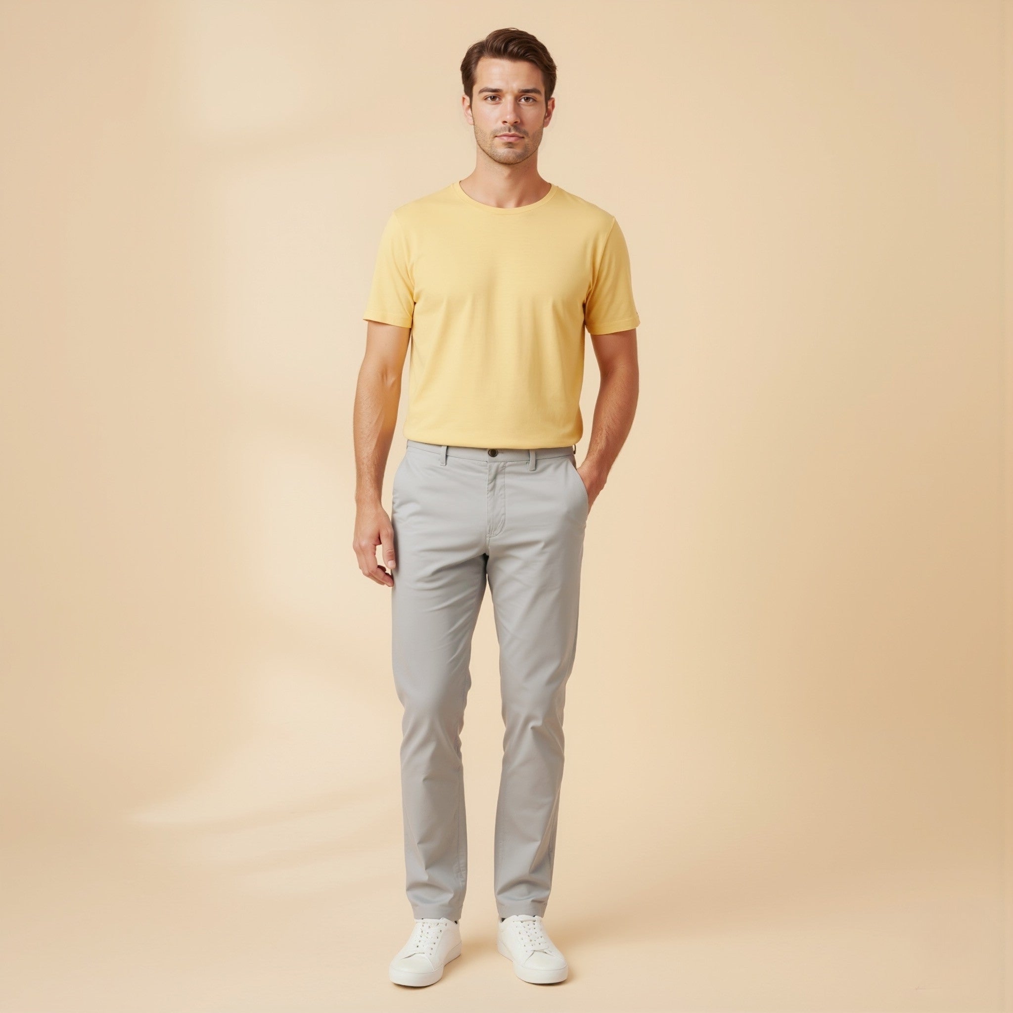 Man wearing a moleculuxe soft sunflower yellow t-shirt and gray pants on a beige background