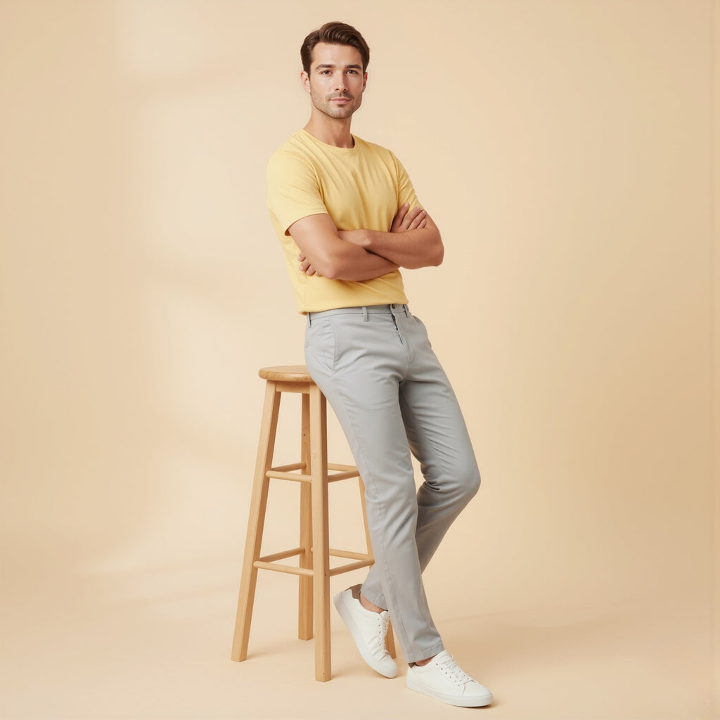 Man wearing a moleculuxe soft sunflower yellow shirt and gray pants standing next to a wooden stool on a beige background