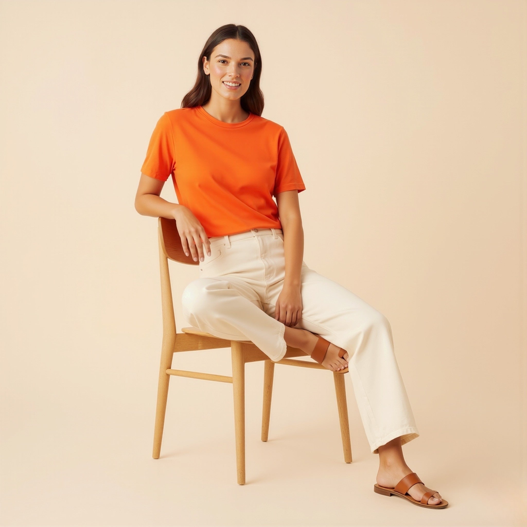 Woman sitting on a chair wearing an moleculuxe tangerine tango orange shirt and white pants against a beige background