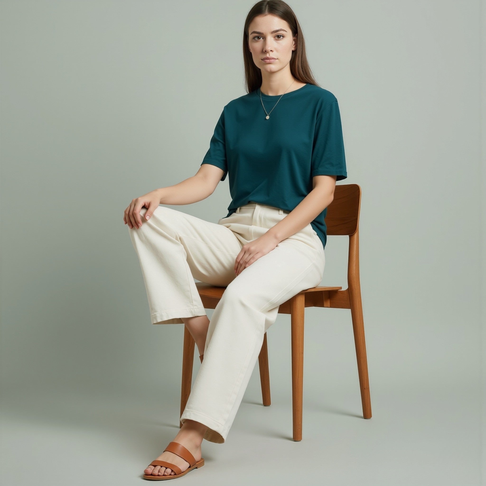 Woman sitting on a wooden chair wearing a moleculuxe Teal Mystique shirt and white pants against a gray background