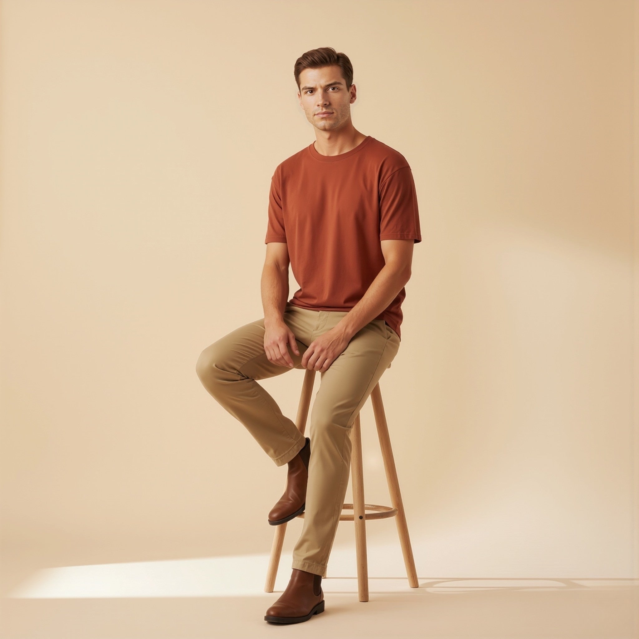 Man sitting on a stool wearing a moleculuxe Terracotta Sunset rust-colored shirt and beige pants against a beige background