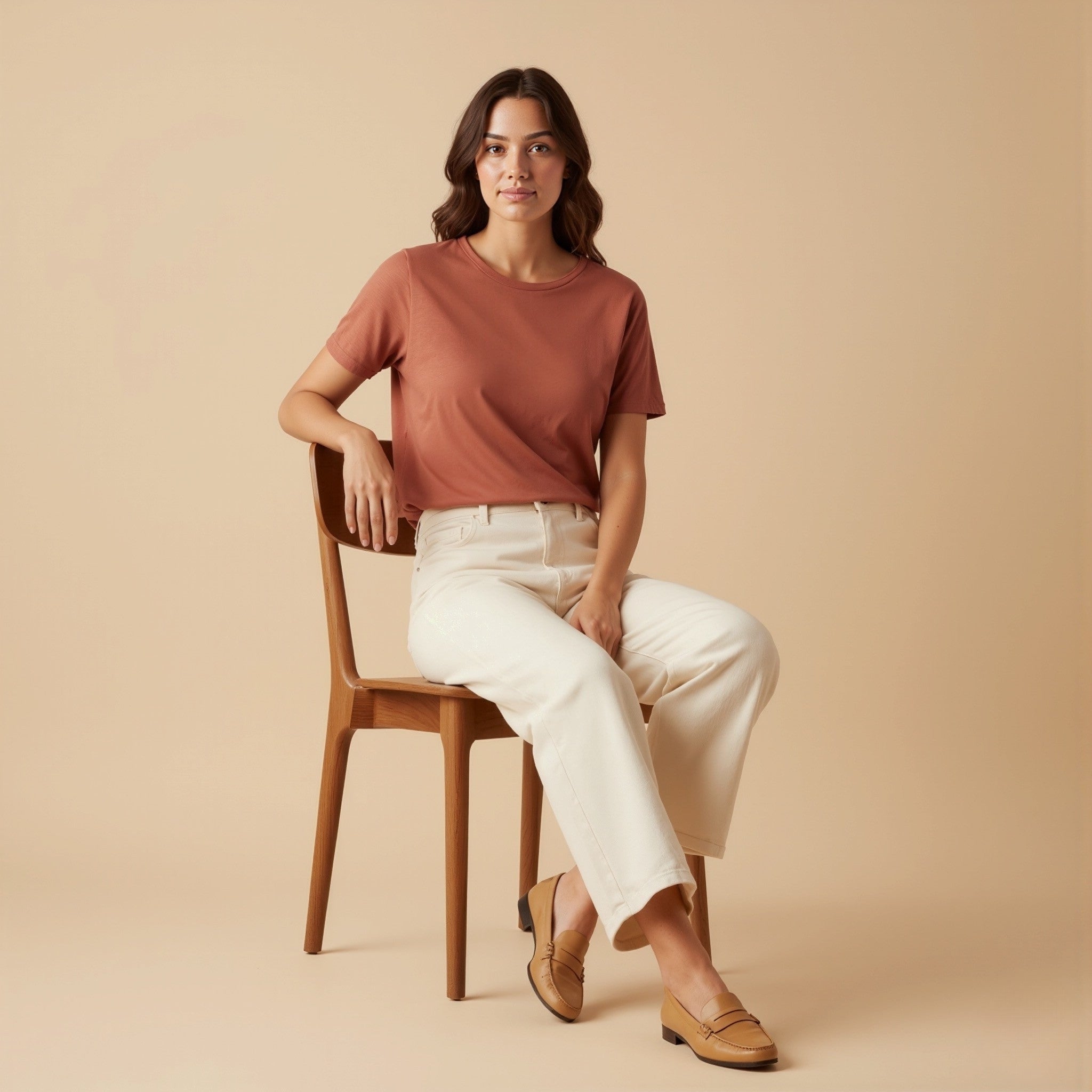 Woman sitting on a wooden chair wearing a moleculuxe Venetian Rose rust-colored shirt and white pants against a beige background