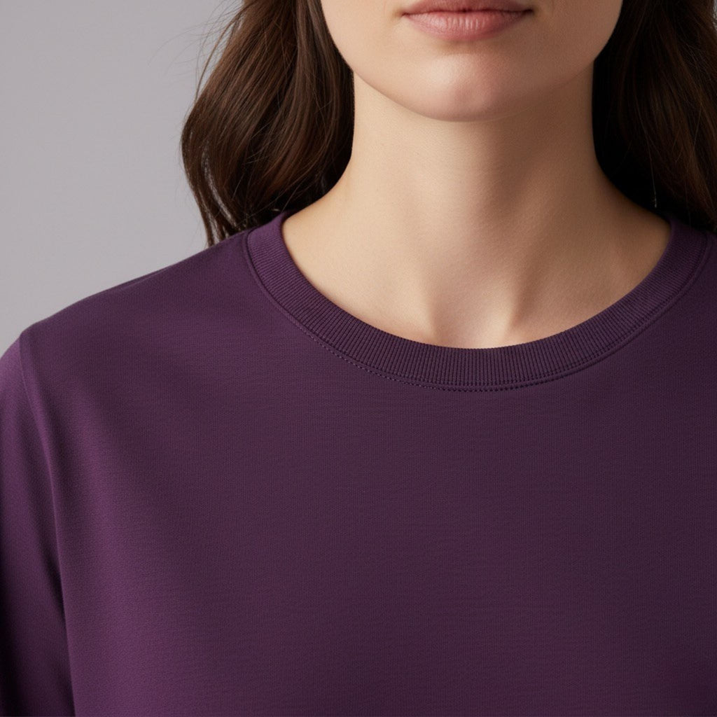 moleculuxe imperial violet Purple tshirt worn by a person on a gray background