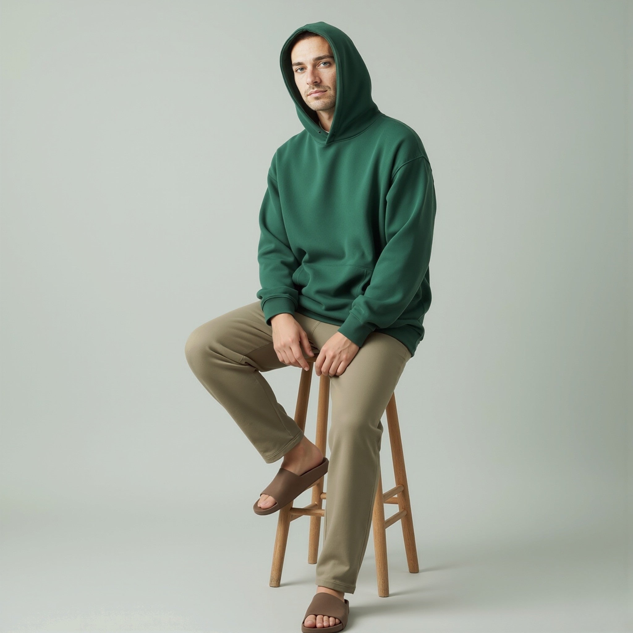 Person wearing a moleculuxe emerald forest green hoodie sitting on a wooden stool against a plain background