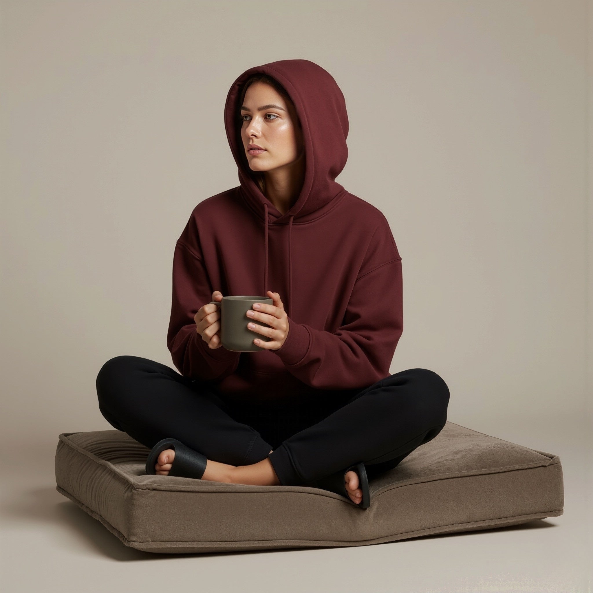 Person wearing a moleculuxe bordeaux maroon hoodie sitting on a brown cushion holding a mug.
