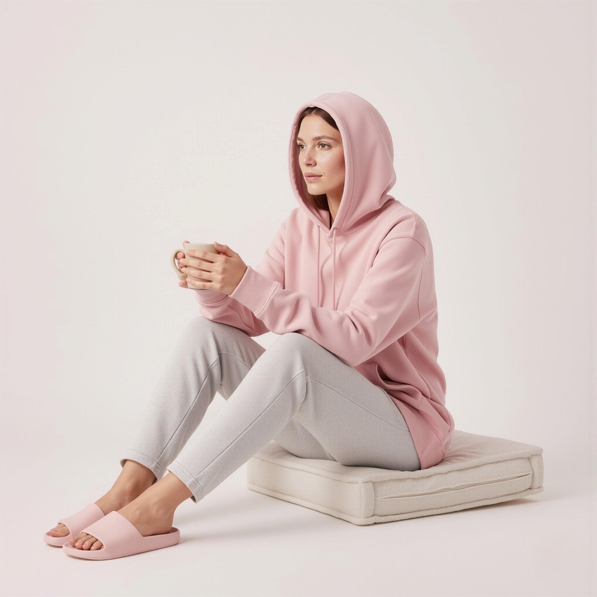 Person wearing a moleculuxe Blush Whisper pink hoodie and light gray pants sitting on a white cushion against a plain background