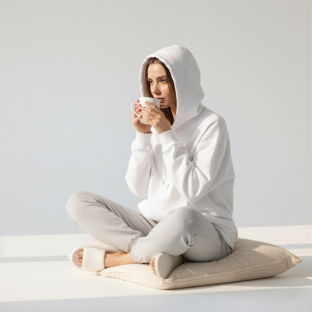 Person wearing a moleculuxe pristine white hoodie and pants sitting on a pillow, holding a mug.