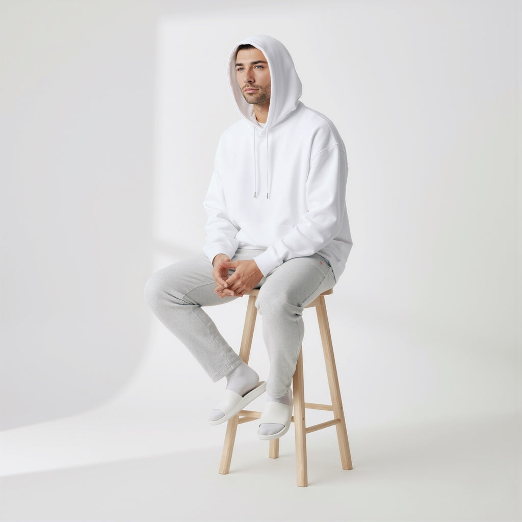 Person wearing a moleculuxe pristine white hoodie and pants sitting on a wooden stool against a plain background